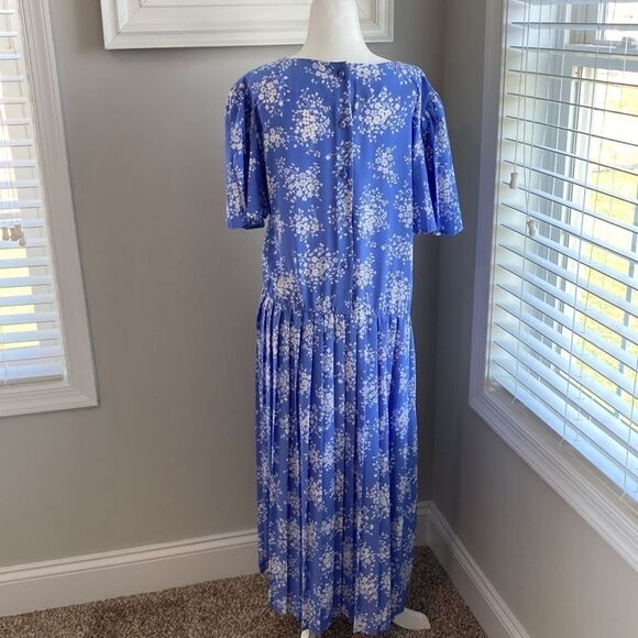 Vintage 90s Maggy Boutique Blue Floral Midi Shortsleeve Summer Dress VNTG Sz 12 - Picture 15 of 16